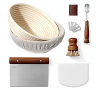 Premium Bread Proofing Set with Acacia Wood - Sourdough Bread Baking Supplies, 2 Rattan Banneton Baskets, 2 Basket Covers, Brush, Metal Scrapper, Plastic Scrapper, Scoring Lame, 5 Blades & Case