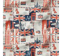 Premium Britain Jubilee Quilting Cotton Fabric Sold Per Metre Platinum Queen's UK England Flag Union Jack London Bridge Hearts Cups Crowns London Celebration Events Royal Projects (British Postcards)