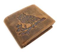Premium Buffalo Leather Unisex Wallet with Hand-Embossed Owl - RFID Protection Technology - 16 Compartments Wallet Landscape Format Hunter Leather Wallet with Coin Compartment and Zip Brown