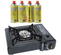 Premium Camping Gas Stove with Automatic Ignition - Camping Stove Gas Portable with Butane Canisters + Carry Case - indoor/outdoor Caravan Cooker best Camping Accessories (Stove + 4 Cans)