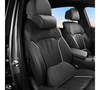 Premium Car Neck & Lumbar Support Set - Zero-Sweat Ventilated Leather Car Seat Cushion for Driving Pain Relief - 3D Slow Rebound Memory Foam Posture Corrector, OEM Match Interior (Black set)