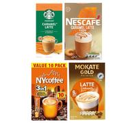 Premium Caramel Coffee Collection - Mixed Instant Coffee Sachets Featuring NESCAFÉ, Starbucks, Mokate Gold & NY Coffee Salted Caramel (Pack of 4, Total 31 Sachets)