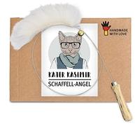 Premium cat fishing rod with real sheepskin - handmade with love in Germany. Sustainable cat toy. Extra long with wooden handle and sturdy metal wire.