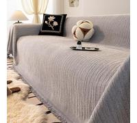 Premium Chenille Sofa Throw Protector-Non-Slip Thickened Textured Furniture Cover for L-Shaped 3-Seater Couch,All-Season Machine-Washable Tatami-Style Throw with Fringe,Pet-Fri Elegant-Grey 180×460cm