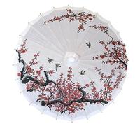 Premium Chinese Nylon Silk Bamboo Parasol - White Cherry Blossom with Birds