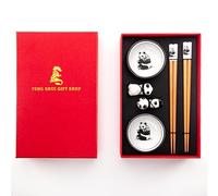 Premium Chopstick Set - 2 Ceramic Dishes, 2 Bamboo Chopsticks, 2 Ceramic Holders - Elegant Gift Box for Sushi, Ramen & Asian Cuisine (Panda)