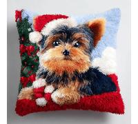 Premium Christmas Latch Hook Cushion Kit,DIY Embroidery Pillow Craft Set with Printed Canvas,Christmas Yorkshire Terrier,Perfect for Relaxing Winter Hobby & Festive Home Decoration,43x43 cm