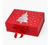 Premium Christmas Magnetic Gift Box - Luxury Red Xmas Hamper Box with Gold Foil Xmas Tree Design & Red Ribbon (23.5 × 17 × 10 cm) Strong Magnetic Lid Reusable Gift Box for Presents & Stocking Fillers