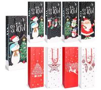 Premium Christmas Wine Bottle Gift Bags, Kraft Paper Champagne & Whiskey Gift Bags with Handles, Reusable Single Bottle Bags for Wine and Spirits, Xmas Holiday Party Decoration (8Pcs)