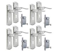 Premium Chrome Internal Door Lock Handles with Long Back Plate & 3 Lever Sash Lock - Stellar Design (1-6 Pair of Handles + 3 Lever SASH Lock) (4 Pair of Handles + 3 Lever SASH Lock)