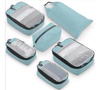 Premium Compression Packing Cubes for Travel, Compression Packaging Cube, Zip Bags Premium 6-Piece Set with laundry bag and shoe bag by TRIPPED Travel Gear (Dusty Teal Mesh)