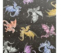 Premium Cotton Fabric - Fire & Fury Dragon Print Black - Quilting Dressmaking Craft Fabric Material Metre