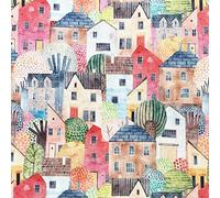 Premium Cotton Fabric - Multi Colour Town Houses - Digital Print Craft Fabric Material