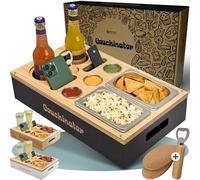 Premium Couch Bar - Kiri Wood - 3 Colours - 3 Dip Bowls 2 Snack Bowls 2 Coasters 1 Bottle Opener, Snack Box Organiser Bottle Holder - Sofa Butler Serving Tray (Black with Lettering)