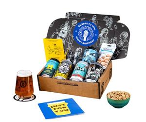 Premium Craft Pale Ale/IPA Happy Birthday Beer Gift Hamper - 5 Independent British Craft Beers, a Snack and Beer Tasting Glass by QWERTY Beer Box - Birthday Beer Gift for Men, Craft Beer Gift Set