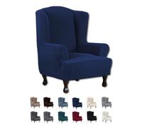 Premium Dark Blue Wing Chair Cover - 1 Piece Stretch Spandex Fabric Wingback Armchair Protector with Foam Rods for Living Room Decor Easy Fit & Stylish Design
