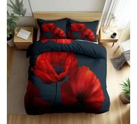 Premium Delicate Floral Red Poppies Duvet Cover, Dark Gray Reversible Quilt Cover With Zipper Closure, Soft Cosy Double Bedding Sets 200 × 200 cm with Pillowcases