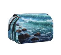 Premium Double Layer Flip Top Pencil Case, Large Capacity 20cm Oxford Fabric School Supply Organizer for Students Teens, pen bag for Travel Sketching, Blue Sea Landscape, Exam Essential Stationery Box