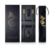 Premium Dragon Design Fibreglass Chopsticks - Reusable, Dishwasher Safe, Non-Slip - 2 Pairs Gift Set with Holder & Carry Bag (Golden Dragon)