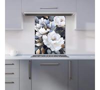 Premium Elegant Floral Symphony in Blue and Gold Kitchen Splashback 6mm Toughened Glass Kitchen Splashback - Heat Resistant Splashback for Kitchens, Perfect for Cookers and Hobs, Polished Edges