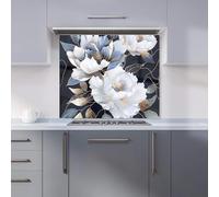 Premium Elegant Floral Symphony in Blue and Gold Kitchen Splashback 6mm Toughened Glass Kitchen Splashback - Heat Resistant Splashback for Kitchens, Perfect for Cookers and Hobs, Polished Edges