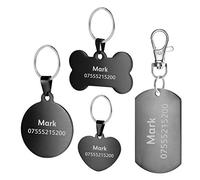 Premium Engraved Personalised Stainless Steel Dog Cat Pet ID Tags Bone Round heart square Tag Collar (S, Black bone)