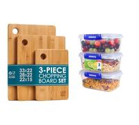Premium Extra-Thick Wooden Chopping Boards - 3 Piece Bamboo Chopping Board Set - 33x22cm / 28x22cm & Sistema KLIP IT PLUS Food Storage Containers | 1 L | Leak-Proof, Stackable & Airtight Fridge/Freeze