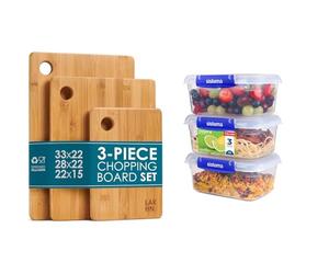 Premium Extra-Thick Wooden Chopping Boards - 3 Piece Bamboo Chopping Board Set - 33x22cm / 28x22cm & Sistema KLIP IT PLUS Food Storage Containers | 1 L | Leak-Proof, Stackable & Airtight Fridge/Freeze