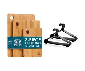 Premium Extra-Thick Wooden Chopping Boards - 3 Piece Bamboo Chopping Board Set & KEPLIN Adult Plastic Coat Hangers - 25pk, Black Colour, Strong Clothes Hangers for Clothes Rail