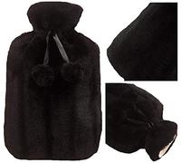 Premium Faux Fur HOT Water Bottle with Warm Fluffy Teddy Fleece Cover Natural (Faux Fur - Black)**G