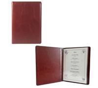 Premium Faux Leather Menu Holder & Presentation Folder - A5 - 4 Pages, 8 Views, Clear Sleeves, Rounded Corners, No Logo (Walnut Red)