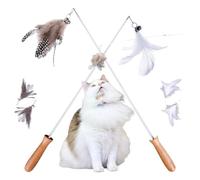 Premium Feather Teaser Cat Toy, Wooden Handle, Extendable Rod, 2 Pack, 4 Sturdy Fluffy Feathers