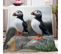 Premium Flannel Blanket, Simple Puffin Illustration Print Warm Blanket Gifts Cozy Soft Lightweight Flannel Blankets Throw 52" x 60" for Kids Adult Throw Blanket Gray Black
