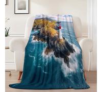 Premium Flannel Thermal Warm Blankets 70x100 cm - Super Soft Cozy Sea View Island Lighthouse Throw, Blue Fluffy Blanket for Couch Sofa Bed and Travel