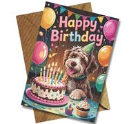 Premium Funny Dog Birthday Card - Cockapoo with Cake, Balloons & Decorations - Large A5 300gsm Printed Card, Blank Inside, Envelope Included - Happy Birthday for Kids, Adults, Friends