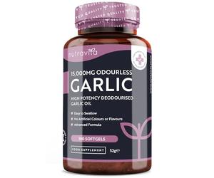 Premium Garlic Capsules - Odourless High Strength 15,000mg - 180 Soft Gel Capsules of Deodourised Cold Pressed Garlic Oil from Allium Sativum - 6 Month Supply - Made in The UK by Nutravita