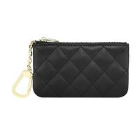 Premium Genuine Full Grain Leather Mini Coin Purse Keychain Pouch Card Holder for Men Women, Black Quilted - LG, Classic