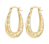 Premium Gold Plated Oval Diamond Pattern Creole Hoop Earrings - 22g, Elegant Design, Lightweight, Perfect for Any Occasion (25mm)