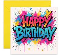 Premium Graffiti Style Happy Birthday Greetings Card, For Young Boy or Girl, 5th 6th 7th 8th 9th 10th Birthday, For Granddaughter Son Niece Nephew - Square Card, Blank Inside With Envelope
