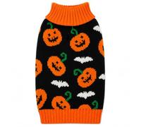 Premium Halloween Dog Jumper Pumpkin & Bat Design Pet Sweater with Harness Opening, Knitted Dog Clothing, Orange & Black (Medium - 40cm)