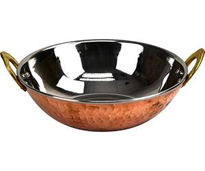 Premium Hammered Copper & Stainlees Steel Serving Balti Dish Bowl Wok with Brass Handles (15cm)