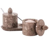 Premium Handmade Oceanic Marble Salt Cellar Set of 2 with Tray, Lids & Spoons 4 Inch - Natural Stone Luxury Spice & Sugar Containers for Kitchen Countertop, Modern Marble Decor