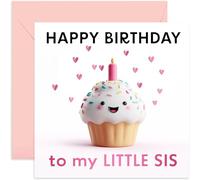 Premium Happy Birthday Card For Little Sister - Cute Bday Cake Card for Sis - From Big Brother Sister Sibling - Pink Cake Design For Her 150mm x 150mm - Square, Blank Inside With Envelope