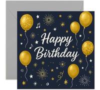 Premium Happy Birthday Cards for Men, Gold Balloons Stars and Sparkle - Square Card, Blank Inside With Envelope