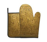 Premium Heat Resistant Oven Mitts And Pot Holders Set For Kitchen Baking Cooking Bbq, Egypt Hieroglyphics Oven Mitts, Kitchen Hot Handle Gripper & Trivet Mat With Side Loop, Thick 3-Layer Insulation