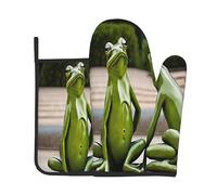Premium Heat Resistant Oven Mitts And Pot Holders Set For Kitchen Baking Cooking Bbq, Funny Green Frogs Oven Mitts, Kitchen Hot Handle Gripper & Trivet Mat With Side Loop, Thick 3-Layer Insulation