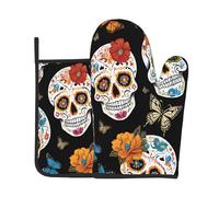 Premium Heat Resistant Oven Mitts And Pot Holders Set For Kitchen Baking Cooking Bbq, Sugar Skulls Oven Mitts, Kitchen Hot Handle Gripper & Trivet Mat With Side Loop, Thick 3-Layer Insulation