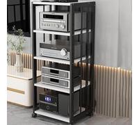 Premium Hifi Audio Stand with Movable Record Player Shelf 5Tier Media Storage Cabinet for Game Consoles & Equipment Stylish Black & White Design Mobile with Brake Wheels