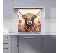 Premium Highland Cow And Summer Flowers Kitchen Splashback 6mm Toughened Glass Kitchen Splashback - Heat Resistant Splashback for Kitchens, Perfect for Cookers and Hobs, Polished Edges