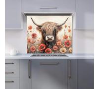 Premium Highland Cow And Summer Flowers Kitchen Splashback 6mm Toughened Glass Kitchen Splashback - Heat Resistant Splashback for Kitchens, Perfect for Cookers and Hobs, Polished Edges